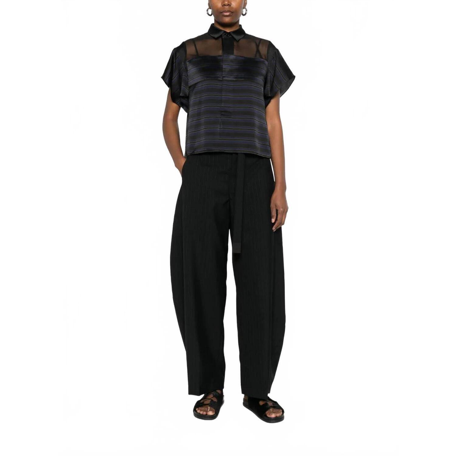 New Sacai Sheer Panel Blouse In Black/Navy Stripe